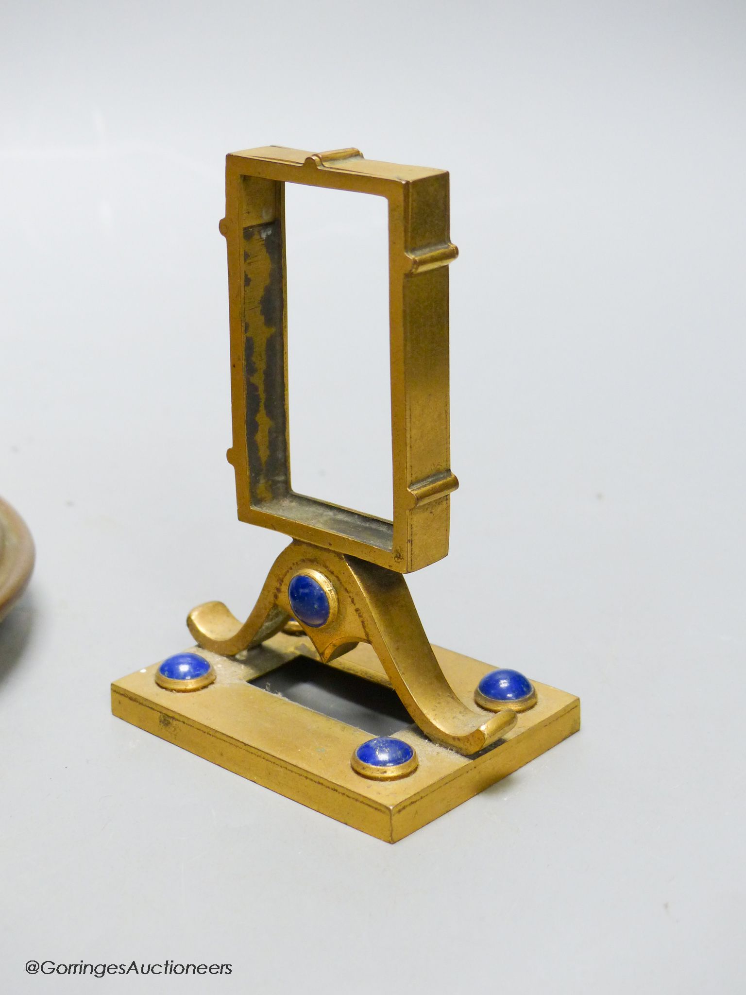 A Leuchars, Piccadilly lapis lazuli mounted inkwell and a calendar frame, width 20.5cm
